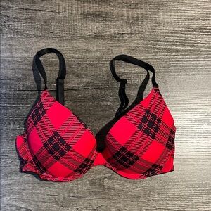 Red Plaid Push-Up Bra with Black Trim